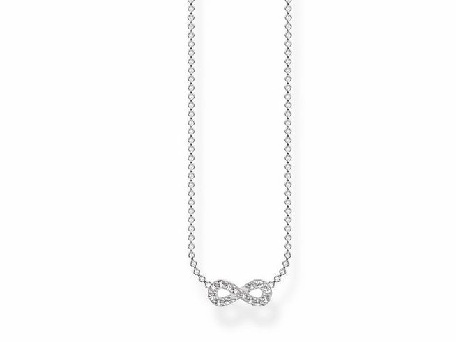 Eine elegante Thomas Sabo Kette aus Sterlingsilber mit einem schlichten Unendlichkeitssymbol, besetzt mit weißen Zirkonia, in der Länge von 40 bis 45 cm.
