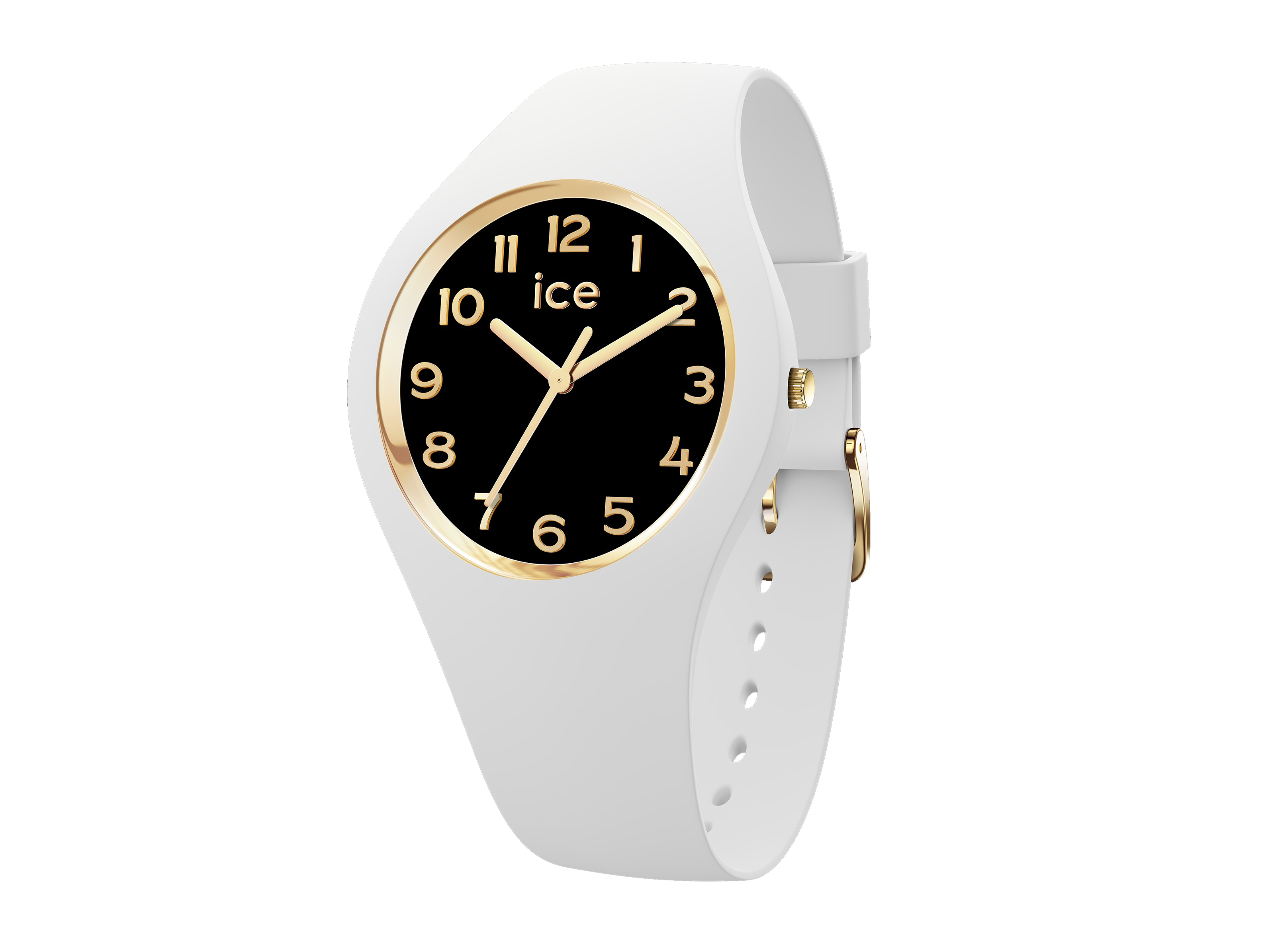 Die Ice Watch Uhr 022586 ICE glam White Black in kleiner Größe zeigt ein elegantes Design mit einem weißen Gehäuse und Armband sowie einem schwarzen Ziffernblatt und goldfarbenen Ziffern.