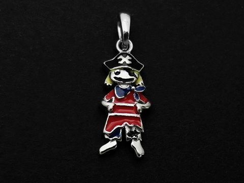 Pirat Silber Anhänger mit originellen Lackfarben in rot, schwarz, blau und gelb, hergestellt von Juwelier Harnisch, eignet sich hervorragend als Kinder-Schmuck.