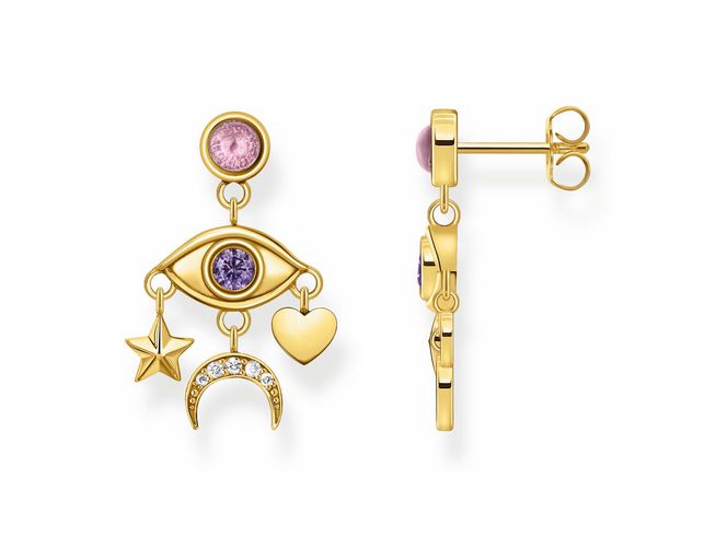 Silberne Thomas Sabo Ohrringe H2272-414-7 mit buntem kosmischen Talisman, bestehend aus einem Auge, Herz, Stern und Halbmond, geschmückt mit Zirkonia und farbigen Steinen.
