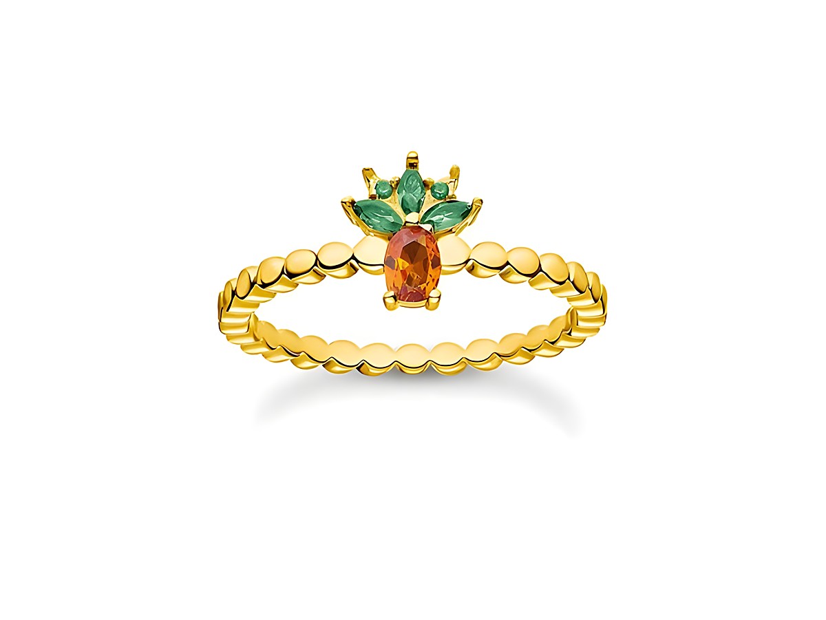 Thomas Sabo Ring TR2352-472-7-48 in vergoldetem Sterling Silber mit Ananas-Design, besetzt mit einem Glas-Keramik Stein und grünen Elementen in Größe 48.
