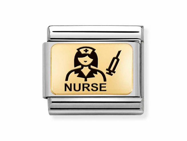 Charm aus Edelstahl und Gold 585 von Nomination mit emaillierter Darstellung einer Krankenschwester und dem Schriftzug Nurse, ideal für Armbänder und Schmuckkollektionen.