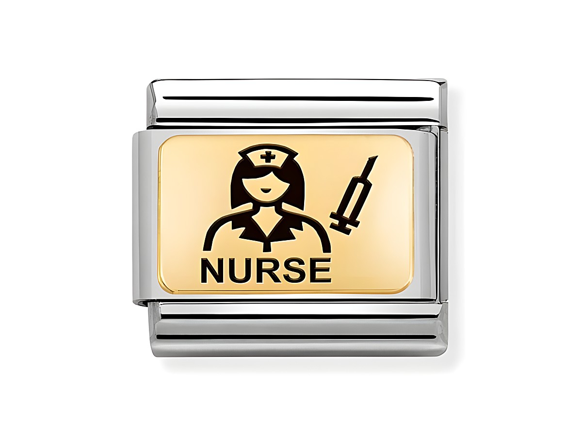 Charm aus Edelstahl und Gold 585 von Nomination mit emaillierter Darstellung einer Krankenschwester und dem Schriftzug Nurse, ideal für Armbänder und Schmuckkollektionen.