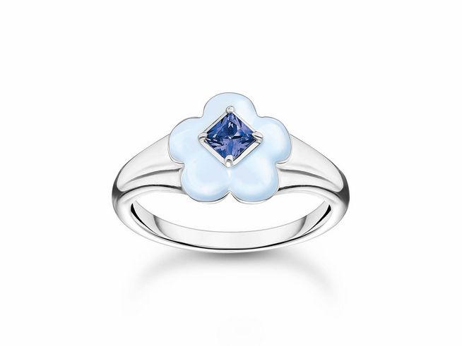 Silberner Ring von Thomas Sabo mit blauer Emaille und einem blauen Glas-Keramik Stein in Blumenform, Größe 56, elegant und verschnörkelt gestaltet.