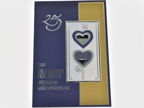 Hochzeitskarte in Blau, Gold und Silber für die silberne Hochzeit, verziert mit Herzen und dem Text zur silbernen Hochzeit, hergestellt von Juwelier Harnisch, ideal für Glückwünsche.