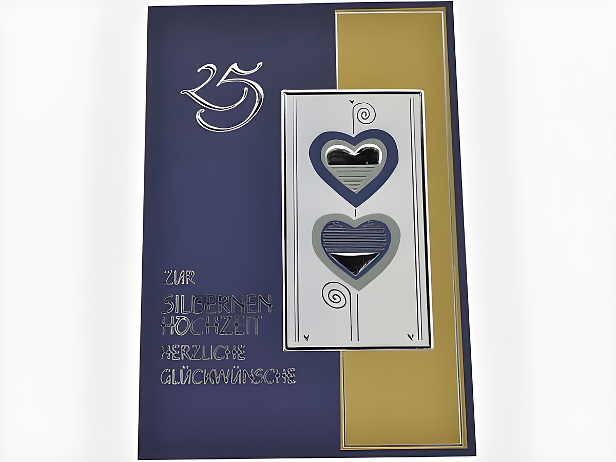 Hochzeitskarte in Blau, Gold und Silber für die silberne Hochzeit, verziert mit Herzen und dem Text zur silbernen Hochzeit, hergestellt von Juwelier Harnisch, ideal für Glückwünsche.