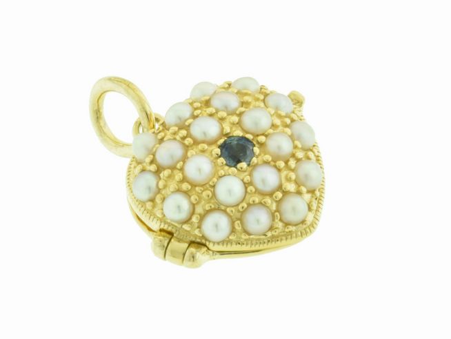 302406-0 Herzförmiger Anhänger mit Zuchtperlen und einem blauen Safir, gefertigt aus vergoldetem Silber 925, Hersteller: Juwelier Harnisch, bezauberndes Design.