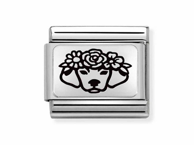 Charm von Nomination in Silber mit einem Hundekopf, geschmückt mit Blumen. Aus Edelstahl und Sterling Silber gefertigt, ideal für Tierliebhaber und als persönliches Geschenk.