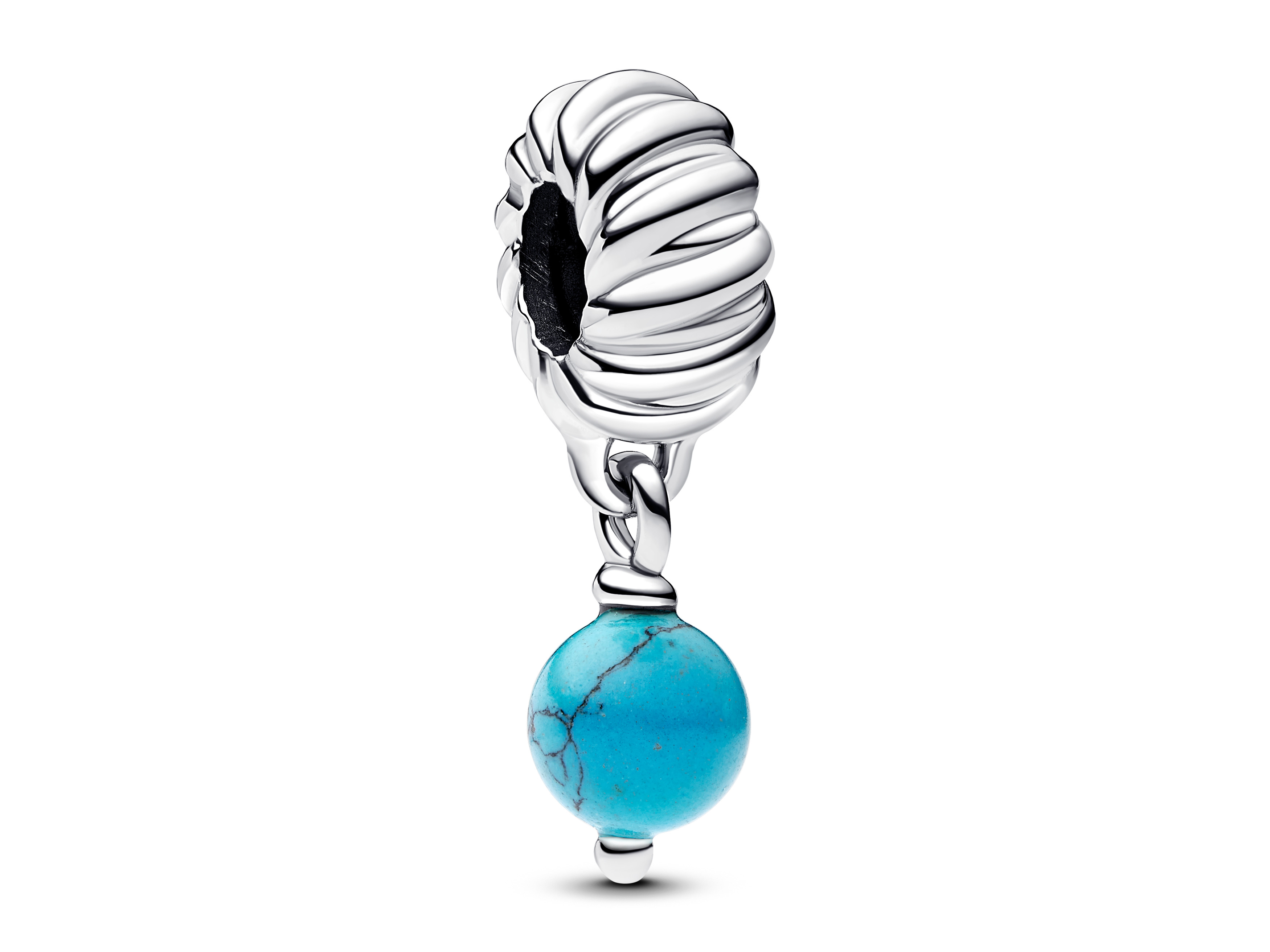 Türkisfarbener Dangle Charm von Pandora aus Sterling Silber mit einer runden turquoise Perle und einem dekorativen silbernen Anhänger, ideal für Armbänder und Schmuckliebhaber.