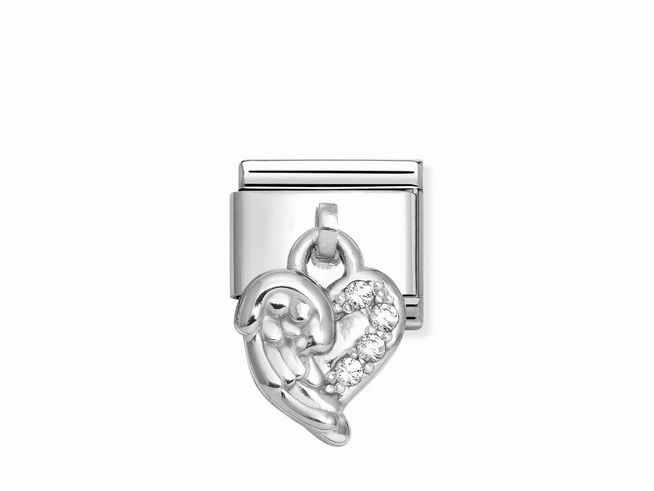 Charms von Nomination mit einem fliegenden Engel auf einem Herz, besetzt mit weißen Zirkonia, aus Sterling Silber und Edelstahl gefertigt. Ideal für eine persönliche Schmuckkollektion.