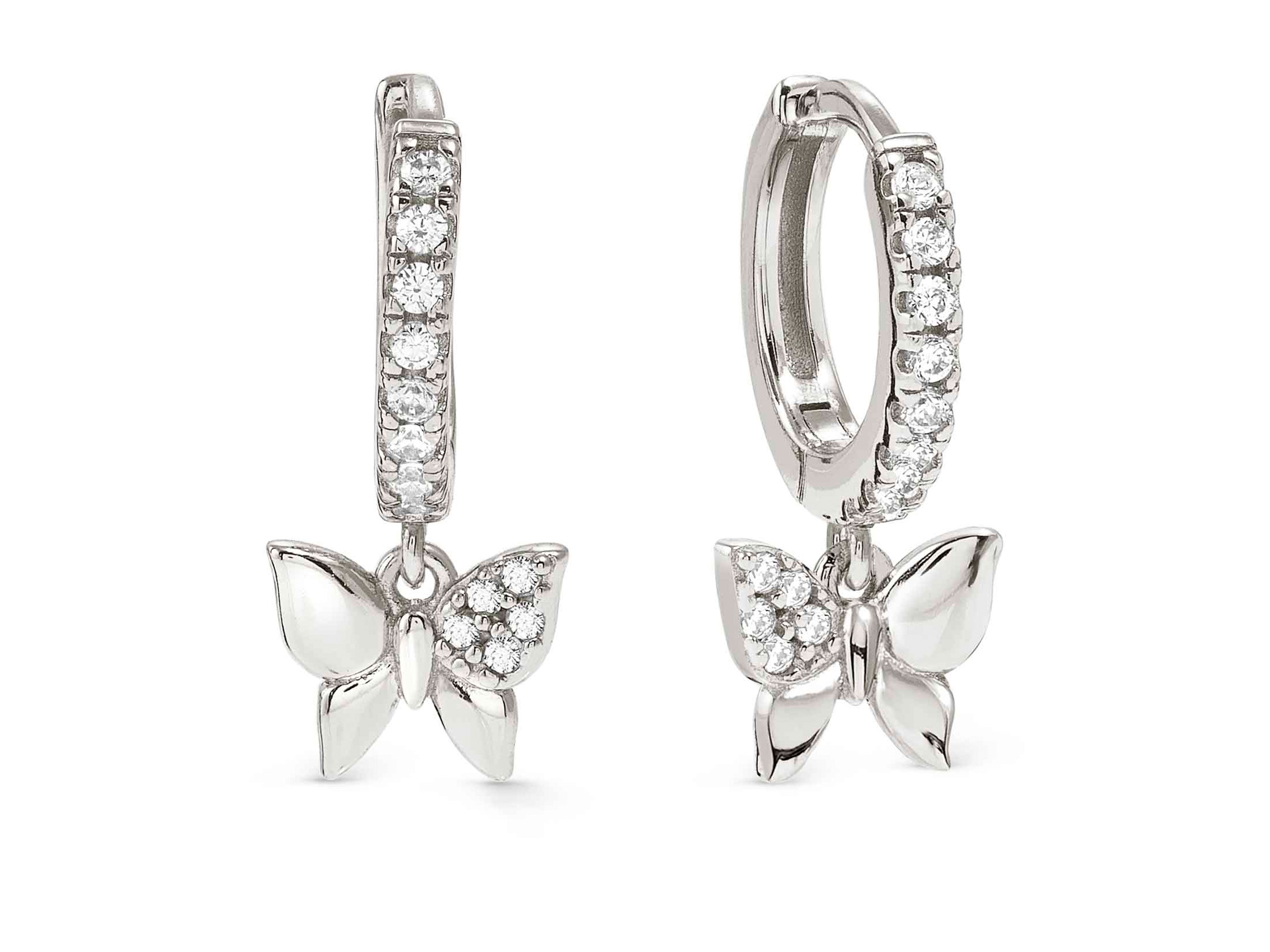 Sterling Silber Creolen mit Schmetterlingsanhänger und Zirkonia-Verzierung, stilvoll und elegant designt, ideal für einen funkelnden Look, Hersteller Pandora, Neuheiten.