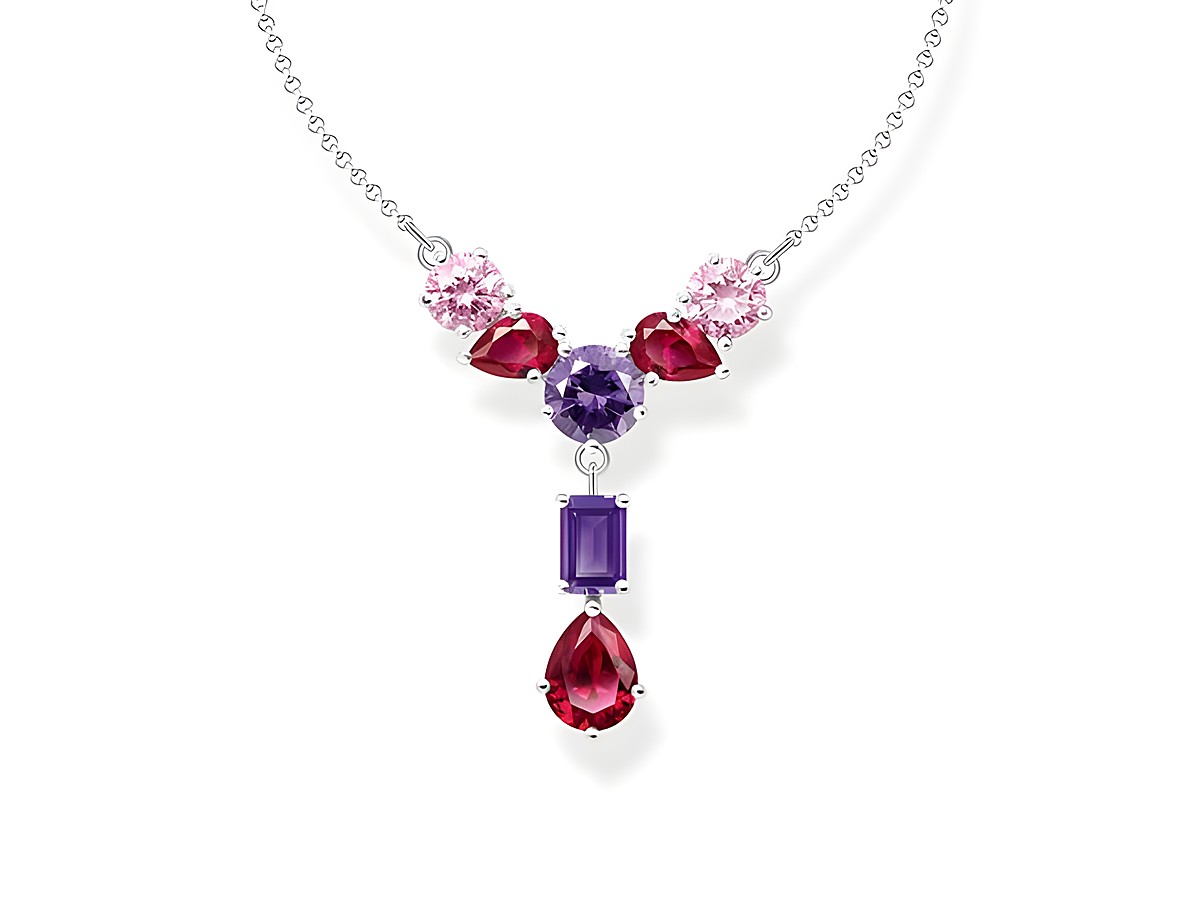Thomas Sabo Kette KE2195-477-7-L45V aus Silber mit Glas-Keramik Stein in Glamour-Design, verziert mit synth. Korund und Zirkonia in Violett und Pink, 45 cm lang, elegantes Schmuckstück.