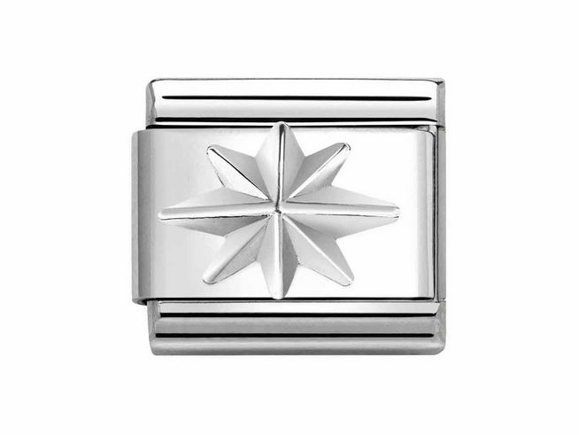 Silberner Charm aus Edelstahl mit einem stilisierten Windrosen-Motiv, hergestellt von Nomination. Ideal für besondere Anlässe und als modisches Accessoire.