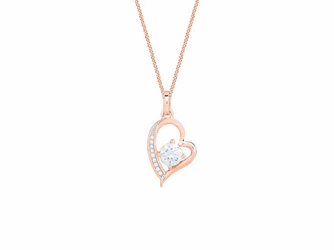 Sterling Silber Kette mit rosegold vergoldetem Anhänger in Herzform, besetzt mit einem funkelnden Stein und Ring aus Zirkonia, ideal für die LOVE STORY Kollektion von Xenox.