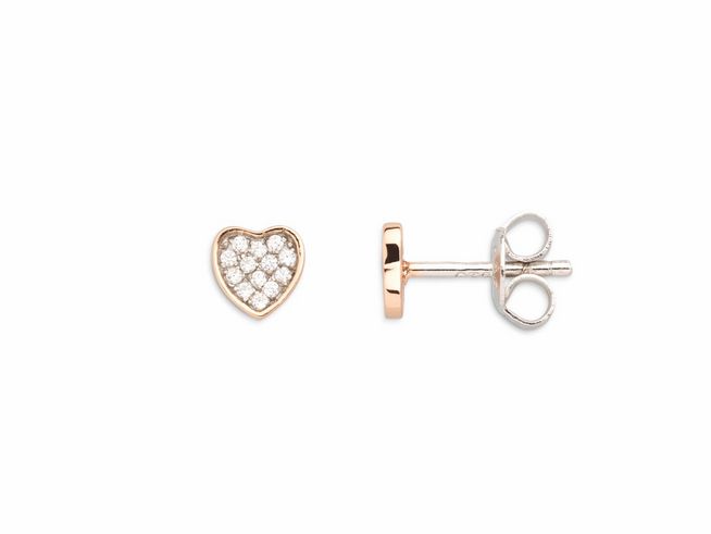 Xenox Sterling Silber Ohrringe XS3414RN LOVE STORY-OS in Roségold Vergoldung mit herzförmigem Design und funkelnden Steinchen, idealer Ohrschmuck für romantische Anlässe.