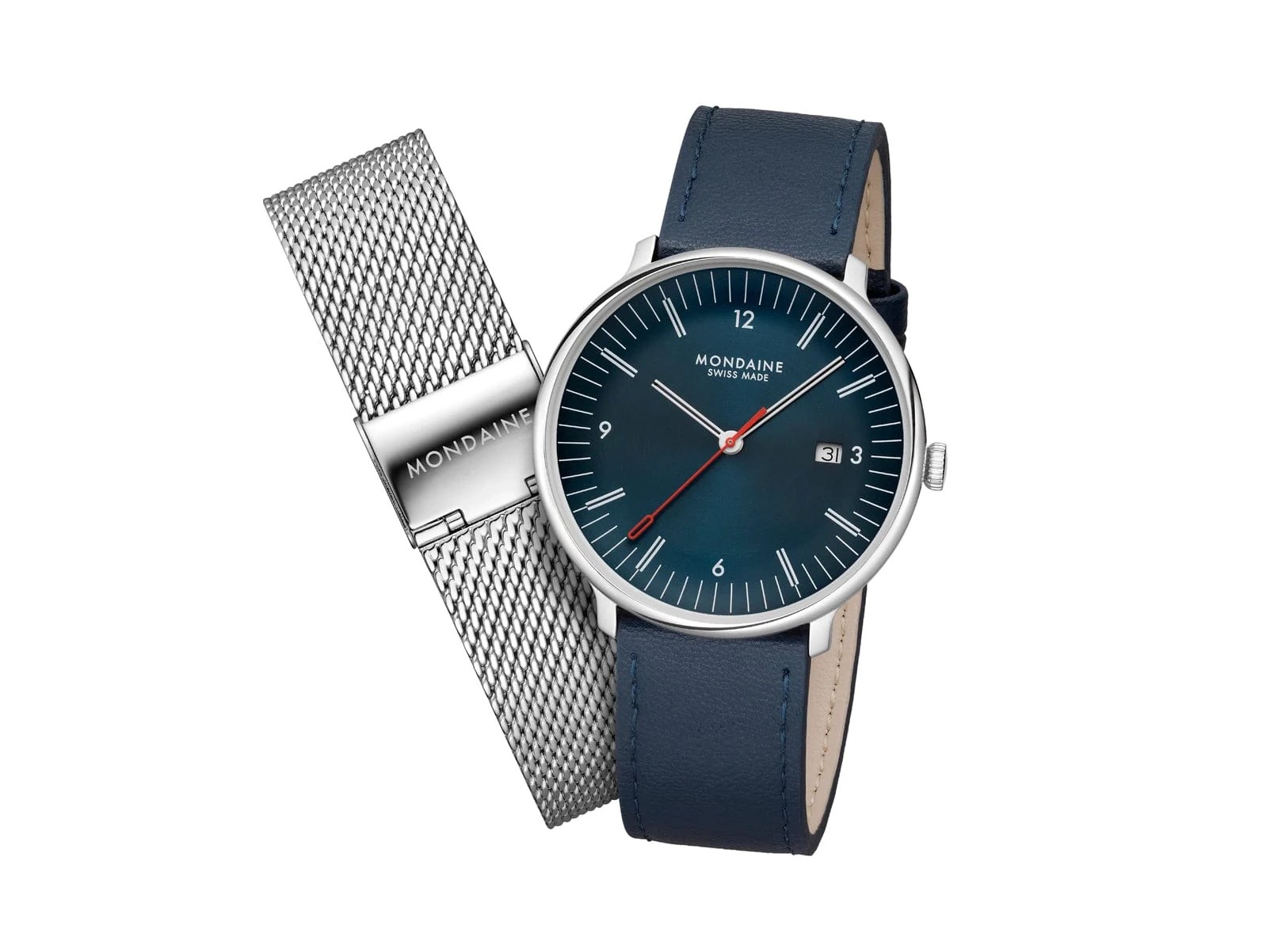 Die Mondaine Uhr MLE.41240.LQV.SET Doppio in 41 mm präsentiert sich mit einem blauen Zifferblatt und einem eleganten Leder- sowie Metallarmband, ideal für stilbewusste Träger.