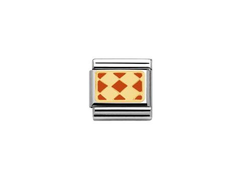 Bicolor Charm von Nomination in eleganter Ausführung mit orangefarbener Emaille und vier Rhomben aus der Elegance Collection. Ideal für individuelle Armbandgestaltungen.