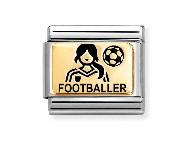 Edelstahlarmband mit goldenem Charm, der eine Fußballerin und einen Fußball zeigt, unterlegt mit dem Wort FOOTBALLER, ideal für Sportliebhaber.