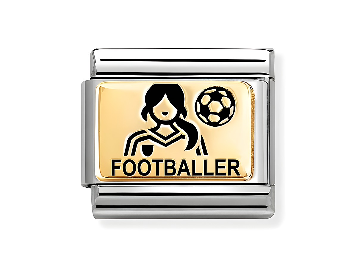 Edelstahlarmband mit goldenem Charm, der eine Fußballerin und einen Fußball zeigt, unterlegt mit dem Wort FOOTBALLER, ideal für Sportliebhaber.