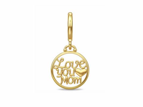 Ein runder Anhänger aus vergoldetem Silber mit der Gravur Love you Mom und einem kleinen Herzchen, perfekt als Geschenk zum Muttertag von Endless.