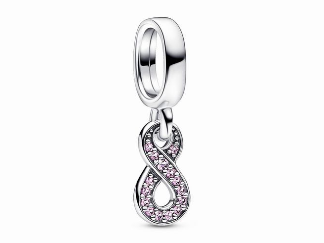 Sterling Silber Anhänger in Form einer Unendlichkeitsschleife mit funkelnden pinken Kristallen besetzt, ideal für Pandora Me & Moments Schmuckstücke.