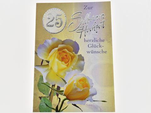 Hochzeitskarte mit gelben Rosen und dem Schriftzug zur silbernen Hochzeit sowie herzliche Glückwünsche, Hersteller Juwelier Harnisch, dekorative und festliche Gestaltung.