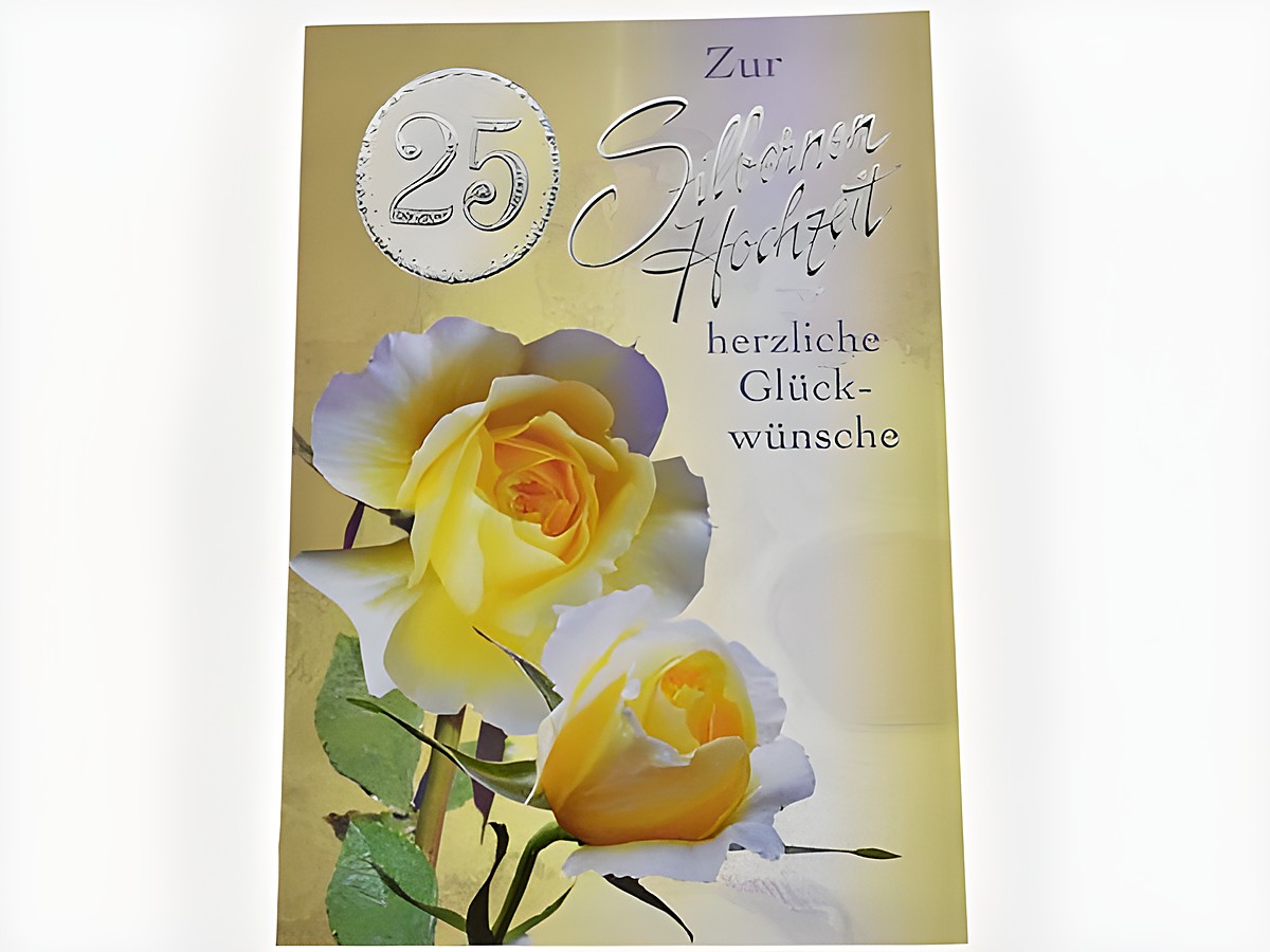 Hochzeitskarte mit gelben Rosen und dem Schriftzug zur silbernen Hochzeit sowie herzliche Glückwünsche, Hersteller Juwelier Harnisch, dekorative und festliche Gestaltung.