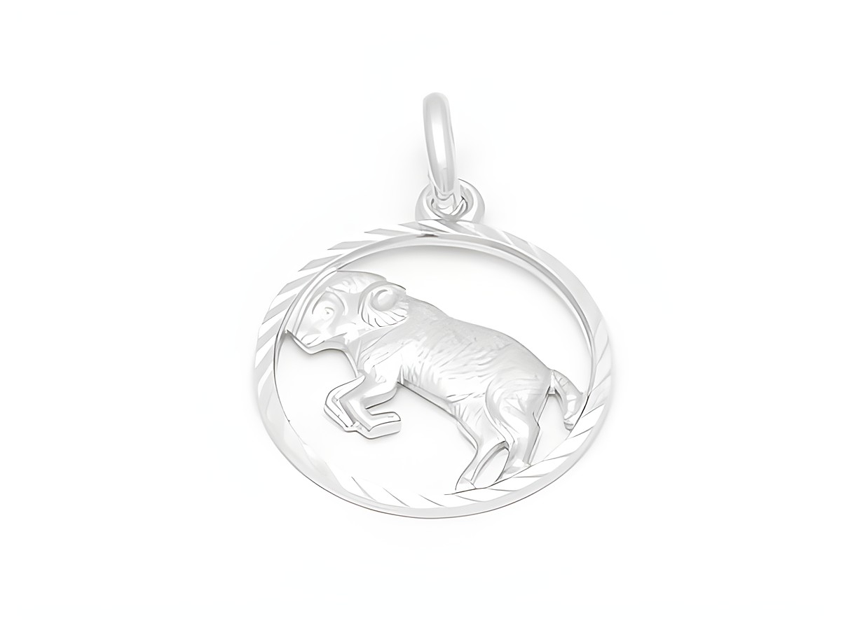 Widder Sternzeichen Anhänger aus sterling Silber diamantiert, vom Hersteller Juwelier Harnisch, zeigt einen Widder in einem kreisförmigen Design mit feinen Details und glänzender Oberfläche.