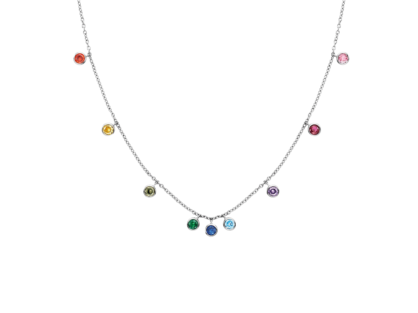 Engelsrufer ERN-LILMOON-ZIM MOON Halskette Moonlight aus rhodiniertem Silber mit bunten Zirkonia, 42 cm lang, ziert die Kette mit funkelnden Anhängern in verschiedenen Farben.