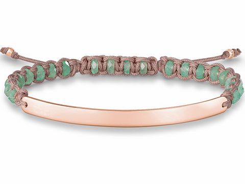 Silber vergoldetes Roségold Armband von Thomas Sabo, mit Aventurin Steinen und grünem Nylon, Makramee-Design, verstellbar von 15 bis 21 cm.