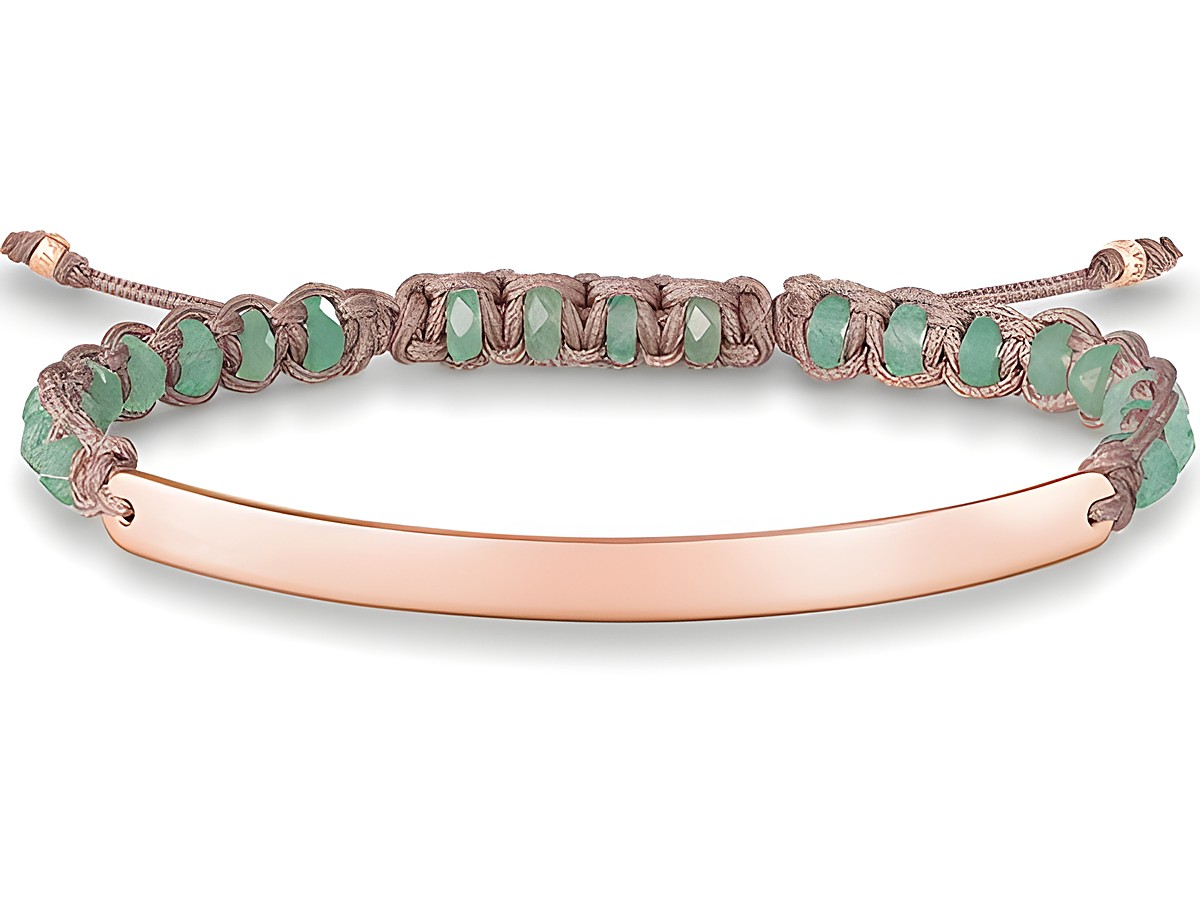Silber vergoldetes Roségold Armband von Thomas Sabo, mit Aventurin Steinen und grünem Nylon, Makramee-Design, verstellbar von 15 bis 21 cm.