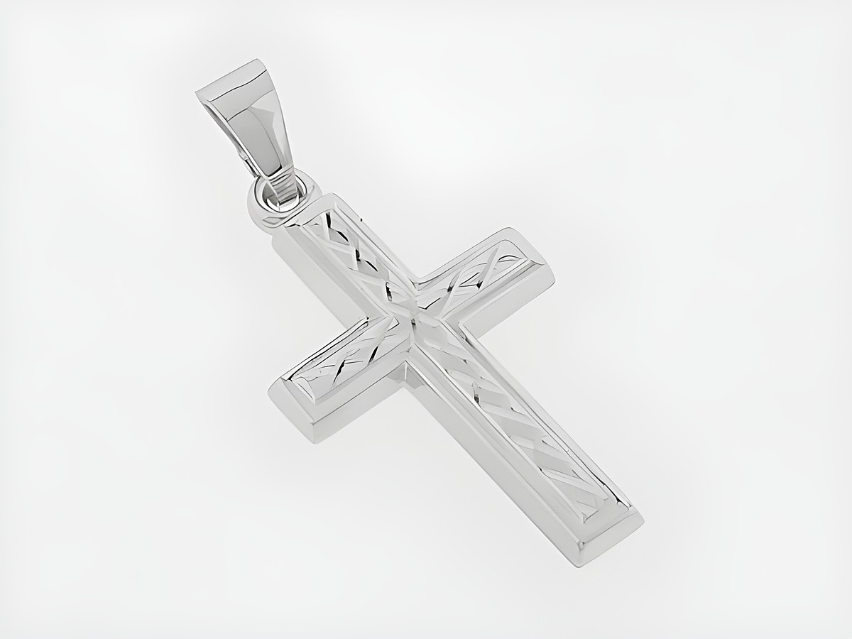Kreuz Silber Anhänger kunstvoll teilmattiert rhod diamantiert Hersteller Juwelier Harnisch mit Muster.