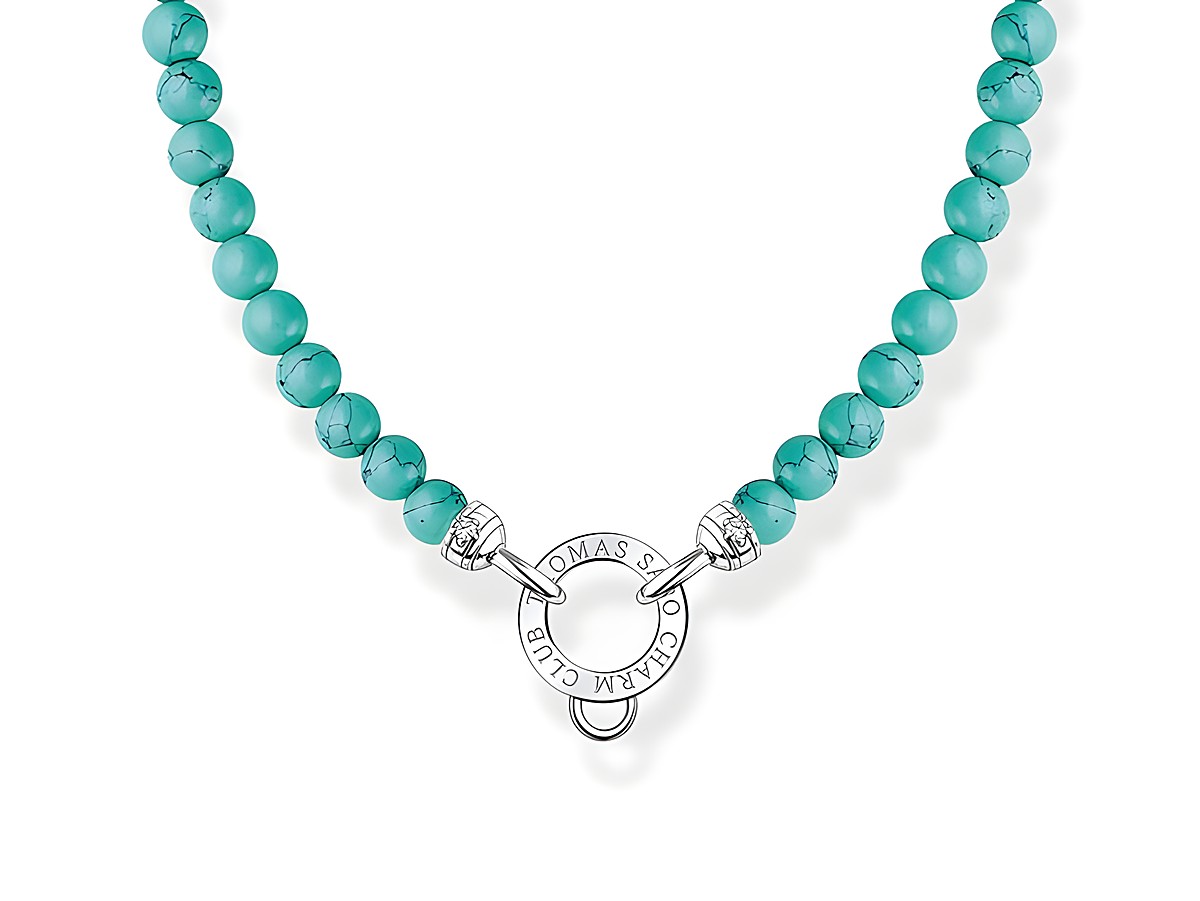 Kette von Thomas Sabo aus Silber mit imitierte Türkis-Perlen und Zirkonia, Länge 40 bis 45 cm, mit einem charakteristischen Verschluss.