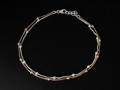 Elegantes Fußkettchen Venezia mit Kügelchen aus Silber rosé teilvergoldet, verstellbar von 23 bis 26 cm, hergestellt von Juwelier Harnisch, klassisches Design.