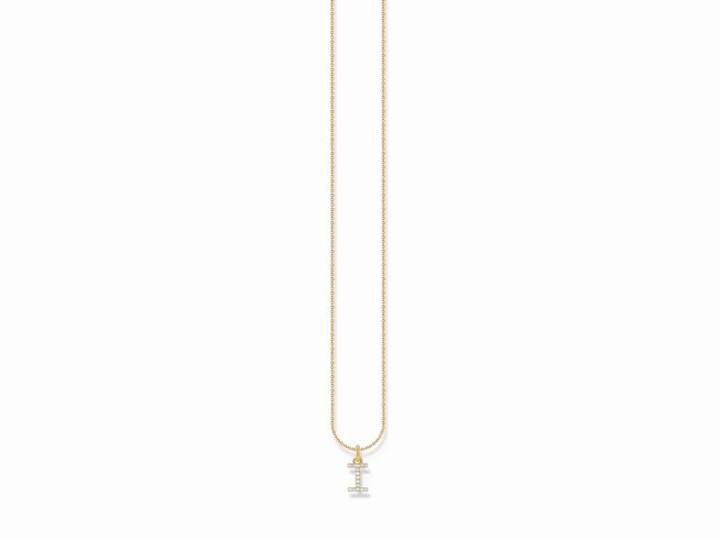 Silberne Kette von Thomas Sabo mit vergoldetem Buchstaben I und weißen Zirkonia-Steinen, verstellbar von 38 bis 45 cm. Elegant und modern, ideal für jeden Anlass.