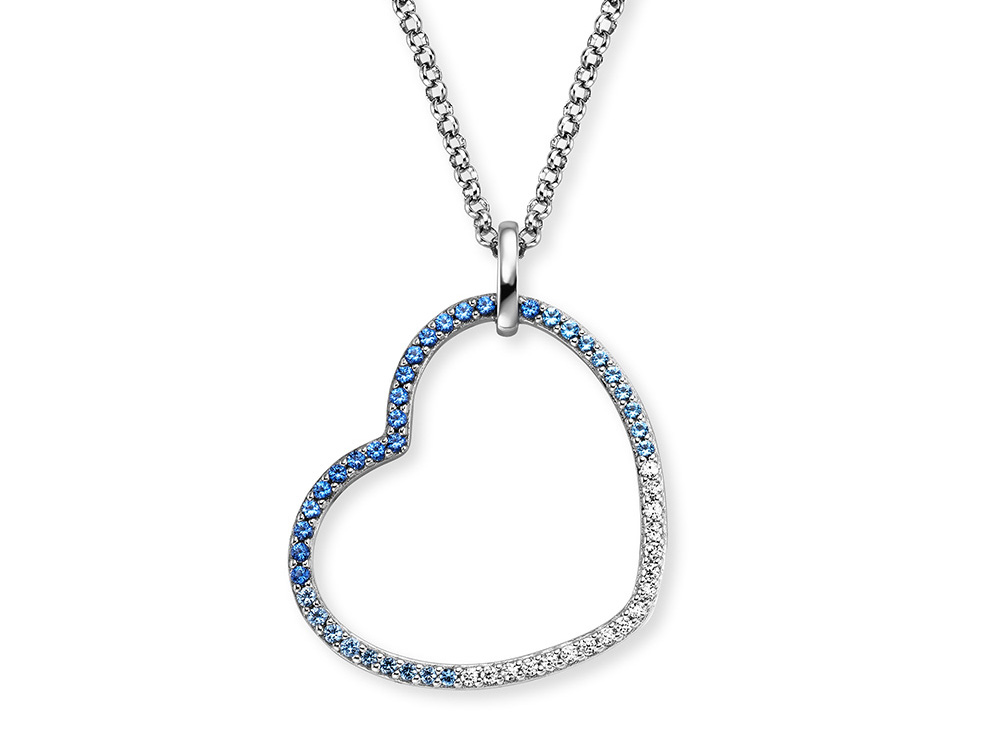 Die Engelsrufer Herzkette Ocean in Silber zeigt ein offenes Herz aus Edelstahl, verziert mit blauen und klaren Zirkonia. Ideal für romantische Anlässe und stilvolle Outfits.