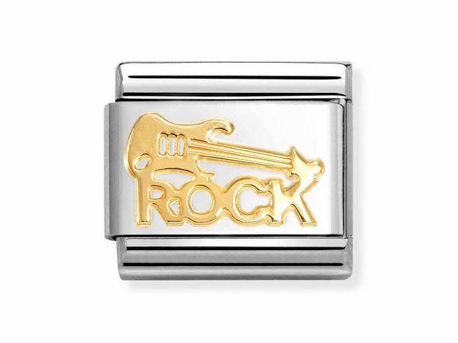 Rock mit Gitarre aus goldfarbenem Emaille auf einem silbernen Untergrund, ideal für Musikliebhaber und als modisches Accessoire von Nomination.