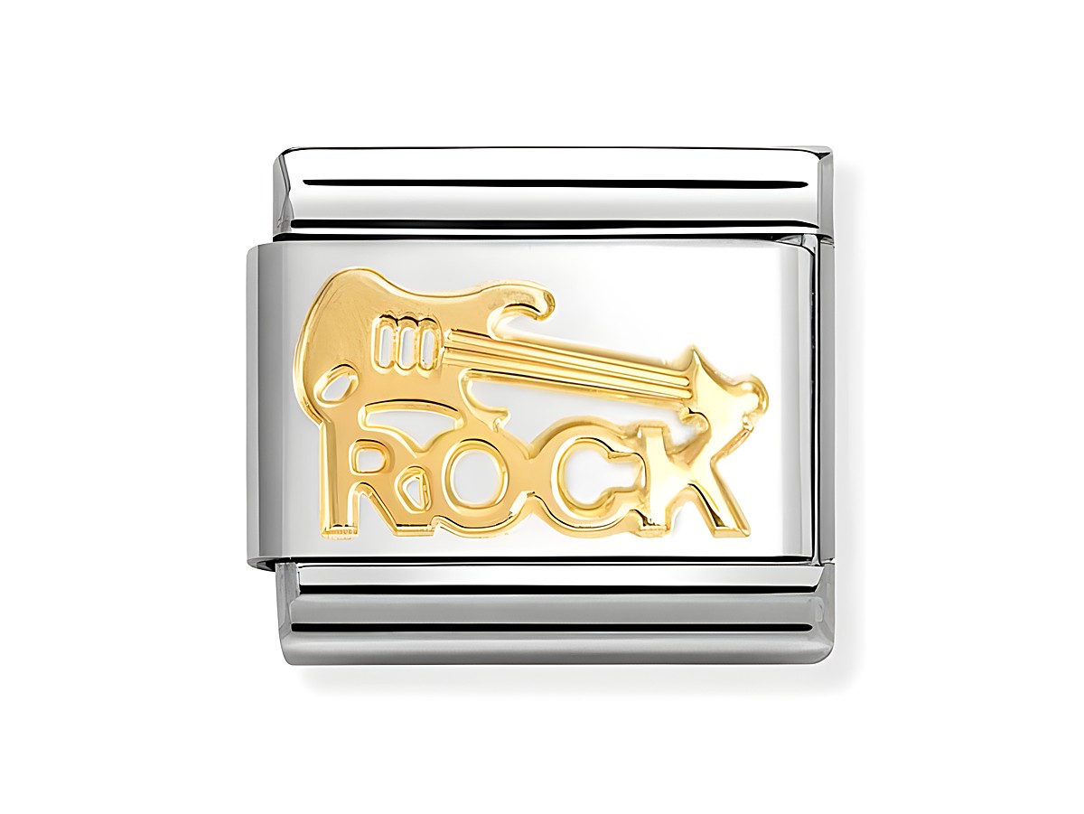 Rock mit Gitarre aus goldfarbenem Emaille auf einem silbernen Untergrund, ideal für Musikliebhaber und als modisches Accessoire von Nomination.