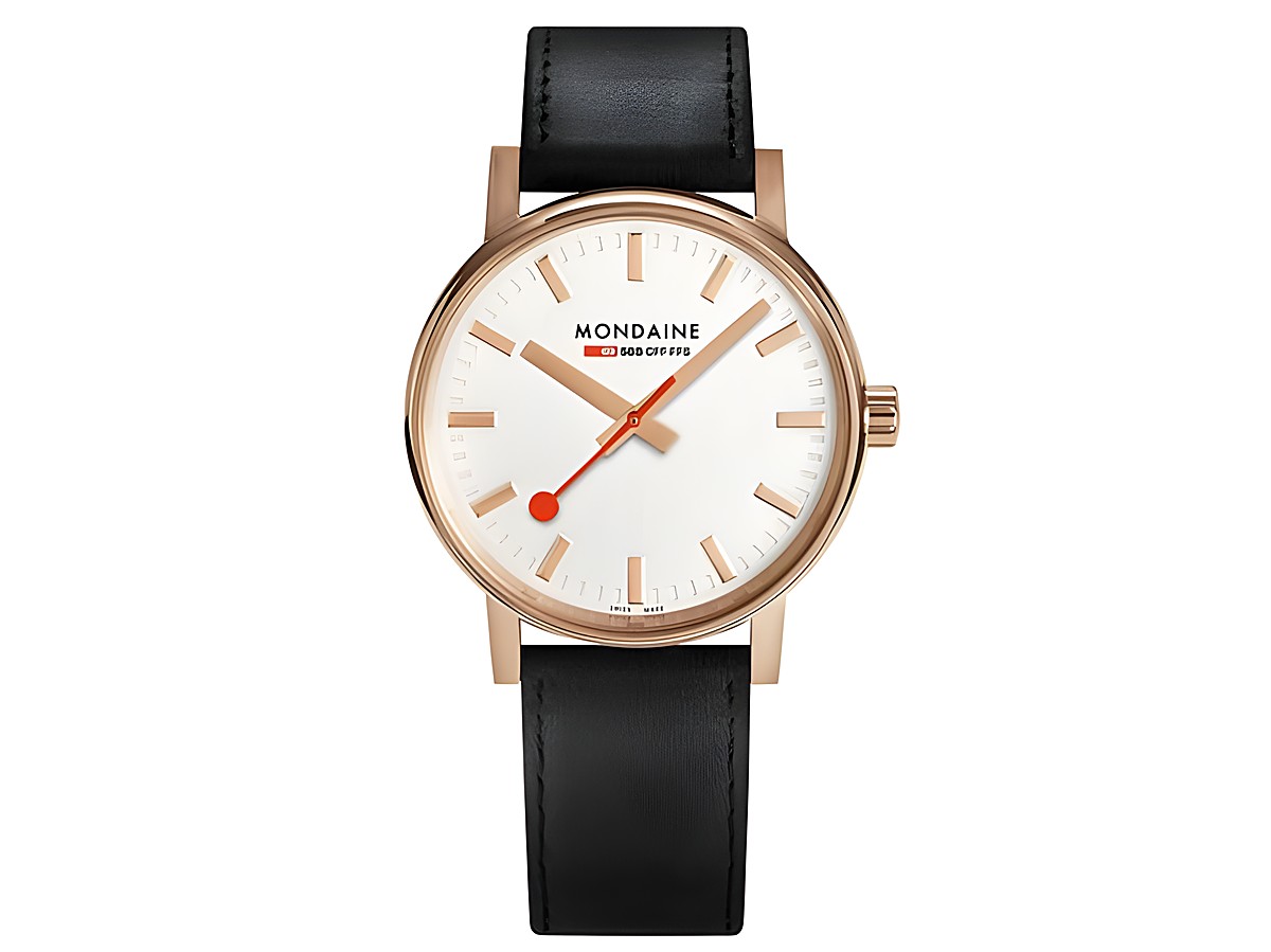 Mondaine Uhr evo2 MSE.40112.LB mit 40 mm Gehäuse, weißem Ziffernblatt und schwarzem Lederarmband, charakteristisches rotes Sekundenzeiger-Design. Ideal für stilbewusste Träger.
