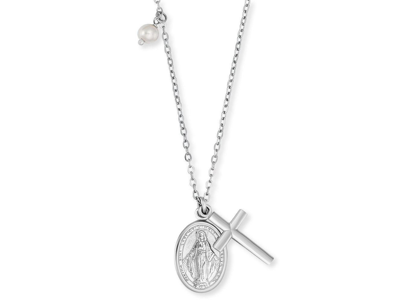 Kette aus rhodiniertem Silber mit einem Anhänger in Form einer Medaille und einem Kreuz, ergänzt durch eine weiße Perle, Gesamtlänge 40 cm.
