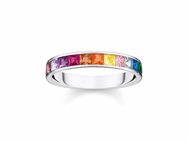 Ein eleganter Ring aus Sterling Silber mit bunten, quadratischen Steinen in Regenbogenfarben, ideal für stilvolle Akzente, Größe 56, Hersteller Thomas Sabo TR2403-477-7-56.