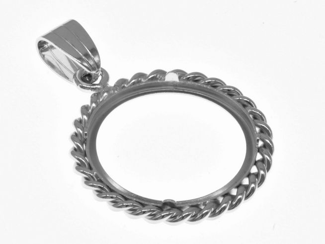 Münzfassung Anhänger aus rhodiniertem 925 Sterling Silber, geeignet für Münzen mit einem Durchmesser von bis zu 20 mm, mit einer dekorativen Kordel. Hersteller Juwelier Harnisch.