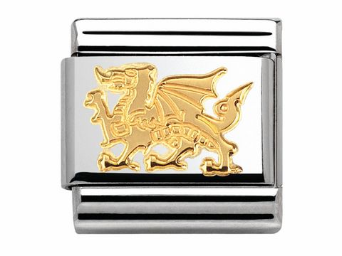 Ein goldener Drache ist auf einem silberfarbenen Träger zu sehen. Der Drache ist detailreich gestaltet und verleiht dem Schmuckstück einen märchenhaften Charme.