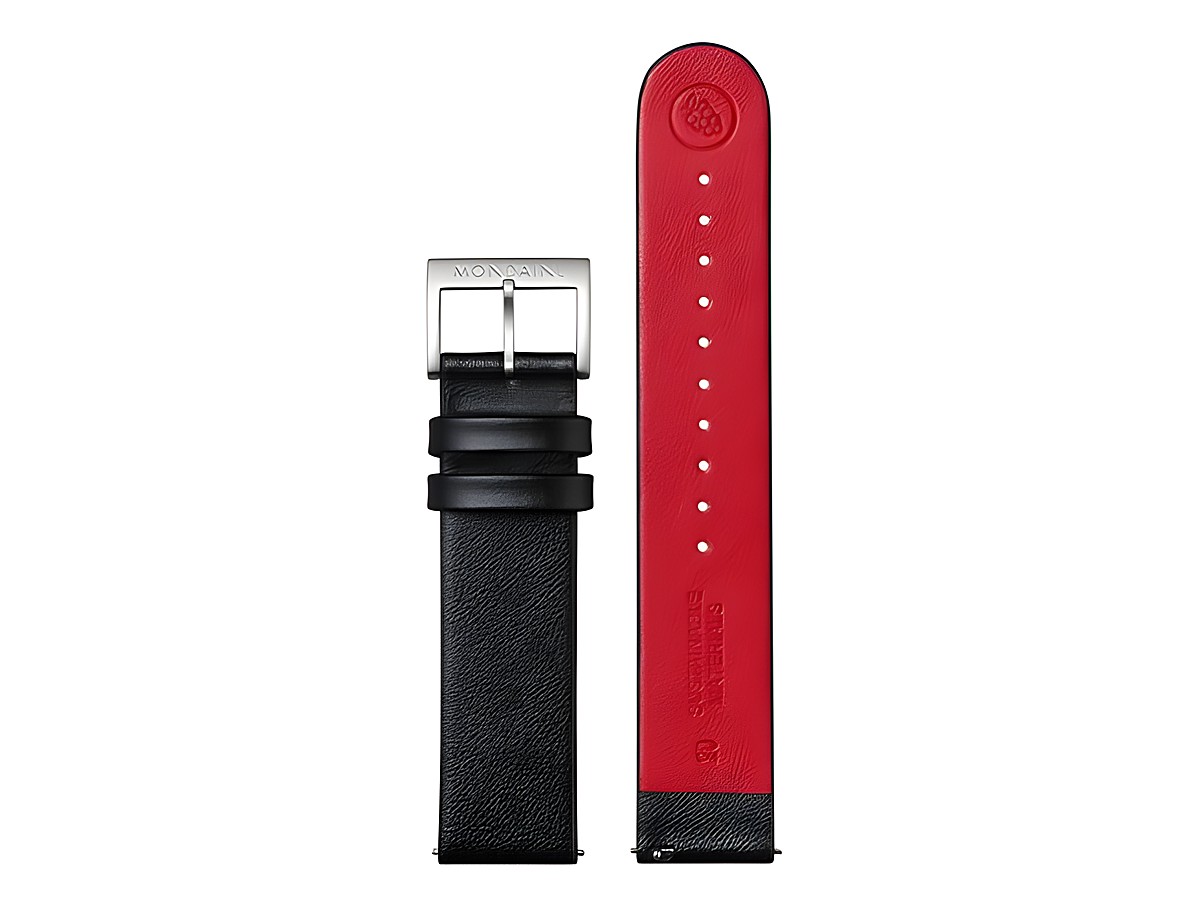 Lederarmband FGM.3120.21Q.1.K von Mondaine, veganes Traubenleder schwarz mit rotem Innenfutter, 20 mm breite, elegantes Design, ideal für Ersatz Uhrenarmbänder.