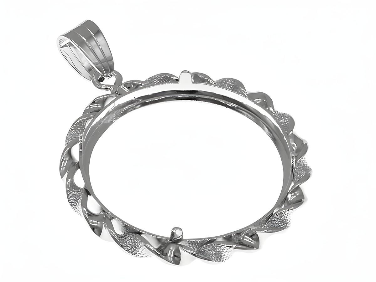 Münzfassung Anhänger aus rhodiniertem 925 Sterling Silber, Durchmesser für Münzen bis 28 mm, dekorativer Rand, geeignet für 3,0 cm Münzen, von Juwelier Harnisch. – Ansicht 3