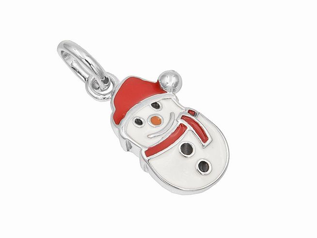 Silber Anhänger in Form eines Schneemanns, poliert und rhodiniert, mit weißer und rot-orange Lackierung, hergestellt von Juwelier Harnisch. Ideal für die winterliche Schmuckkollektion.