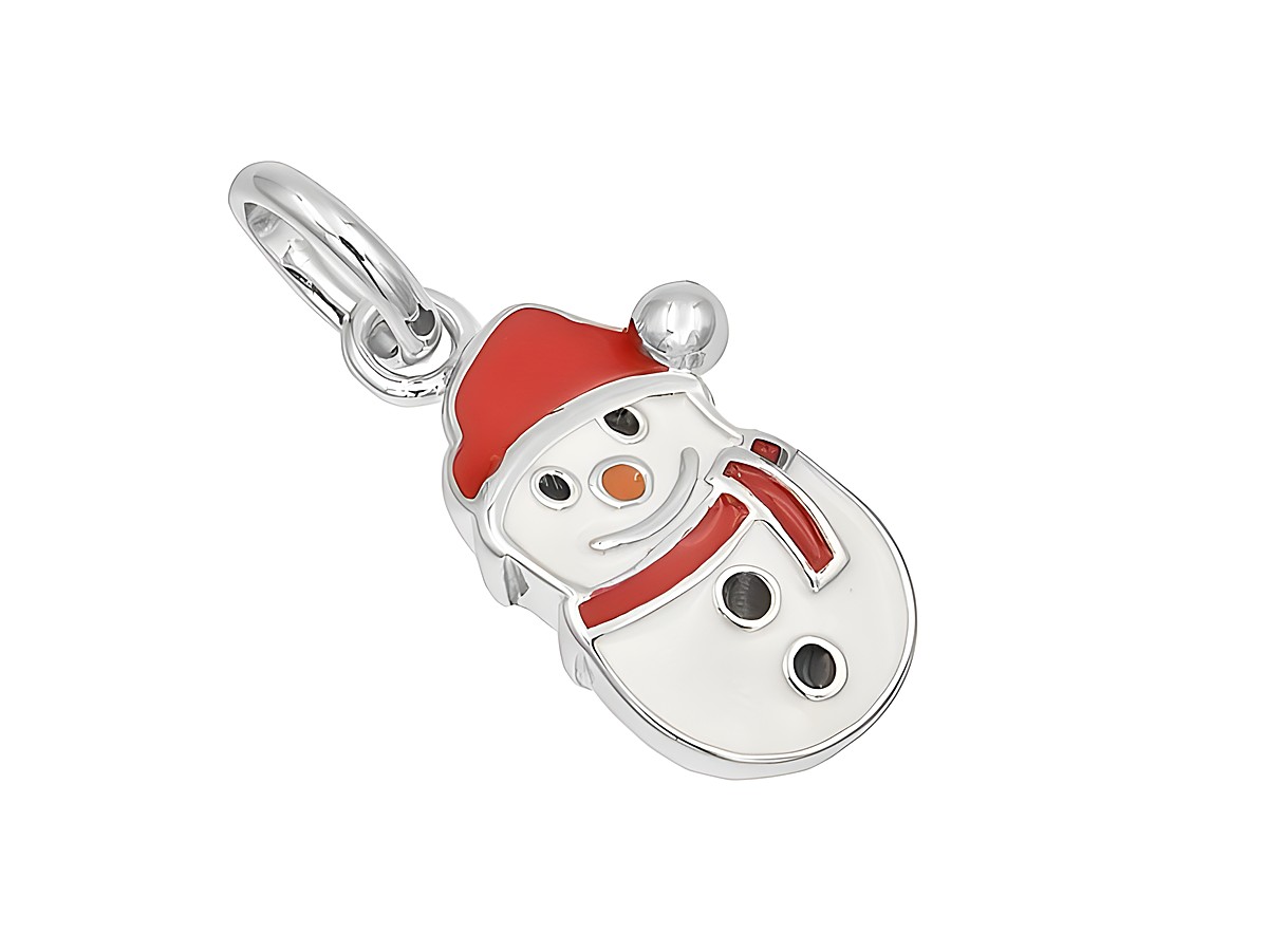 Silber Anhänger in Form eines Schneemanns, poliert und rhodiniert, mit weißer und rot-orange Lackierung, hergestellt von Juwelier Harnisch. Ideal für die winterliche Schmuckkollektion.