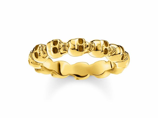 Thomas Sabo Ring TR1922-413-39-50 aus Sterling Silber, vergoldet in Gelbgold, Größe 50 mit einem Design aus menschlichen Schädelformen, stilvoll und ausgefallen.