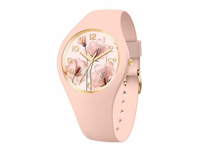 Die ICE Watch ICE flower in Pink aquarel zeigt ein elegantes Ziffernblatt mit blühenden Blumenmotiven und goldenen Akzenten, umrahmt von einem sanften rosa Armband. Das Design ist verspielt und modern.