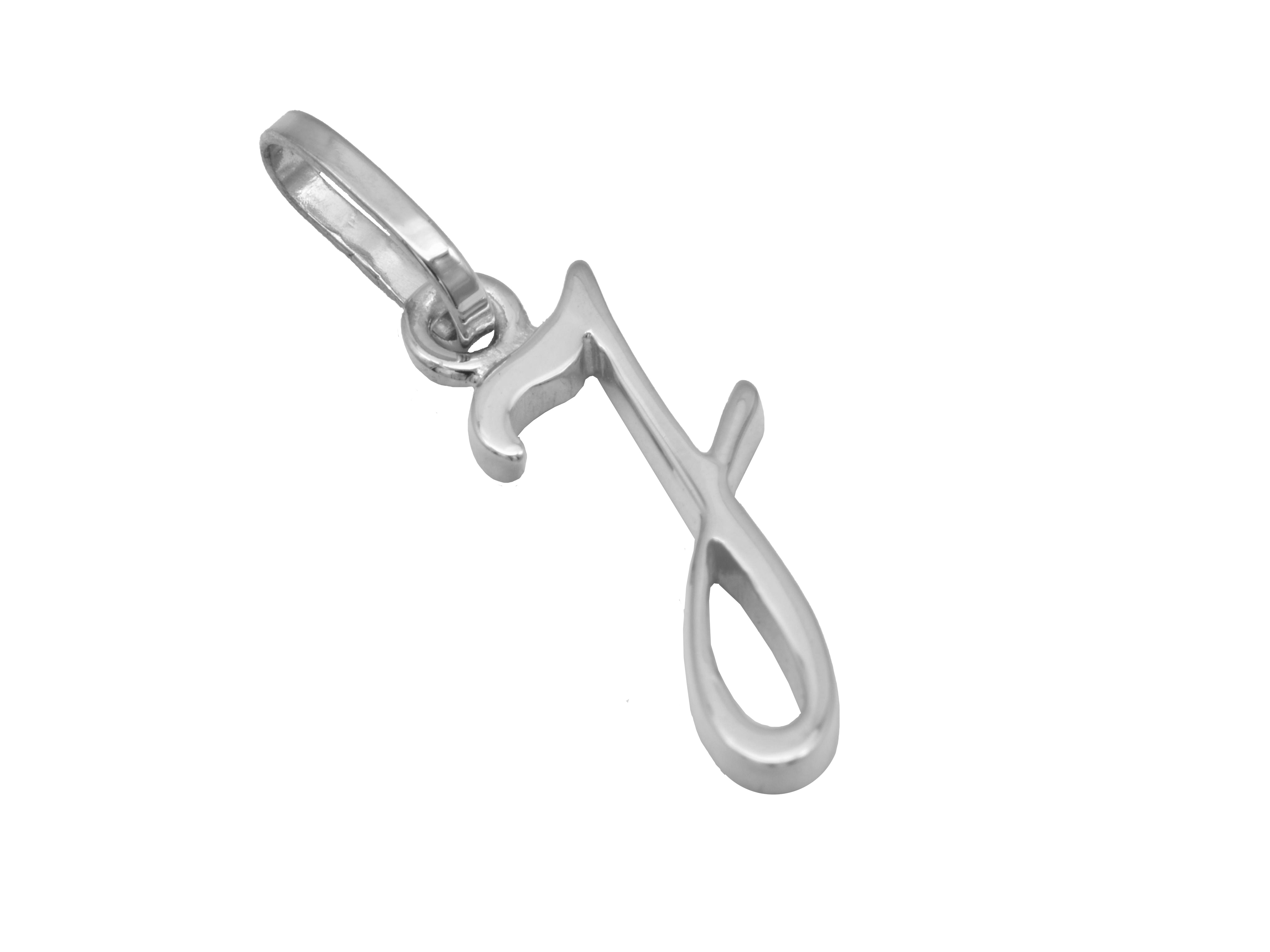 Buchstabenanhänger J aus rhodiniertem und poliertem Sterling Silber, hergestellt von Juwelier Harnisch, elegantes Design für individuellen Schmuck.